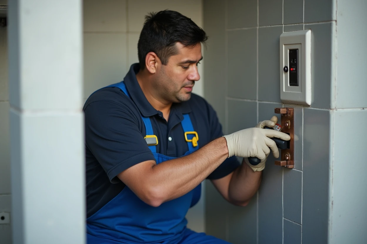 Técnico instalando un inodoro nuevo